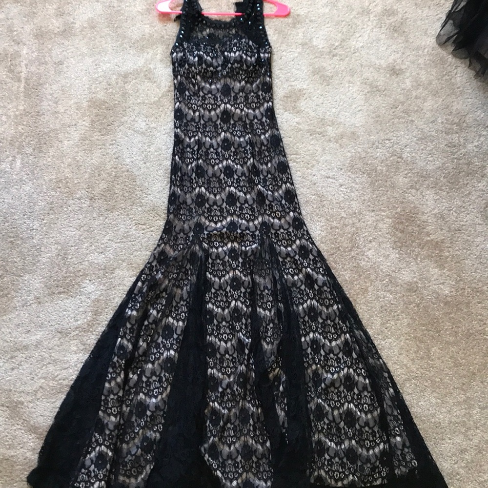 Black and Nude Lace Prom Dress